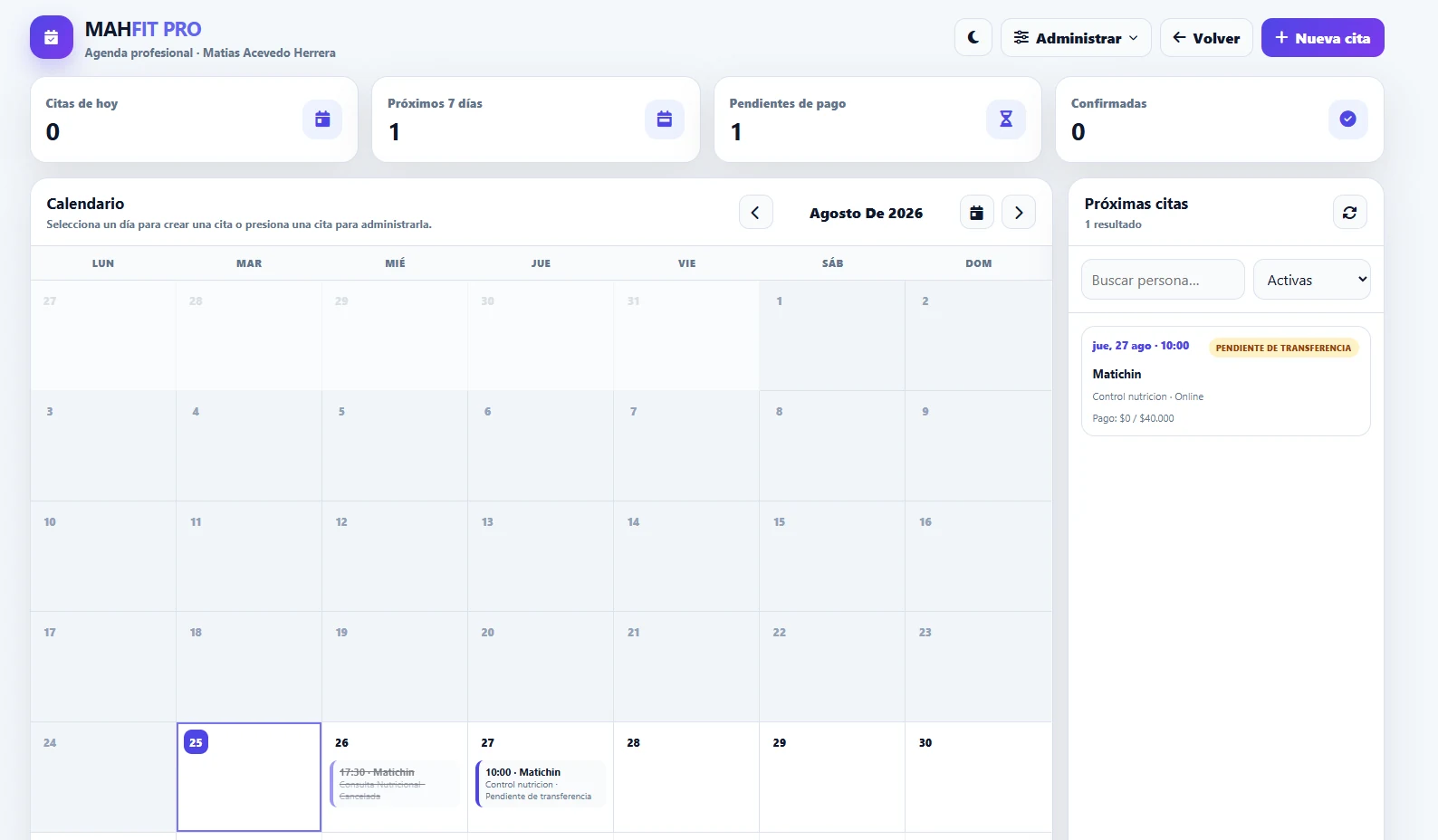 Agenda profesional de MAH FIT PRO