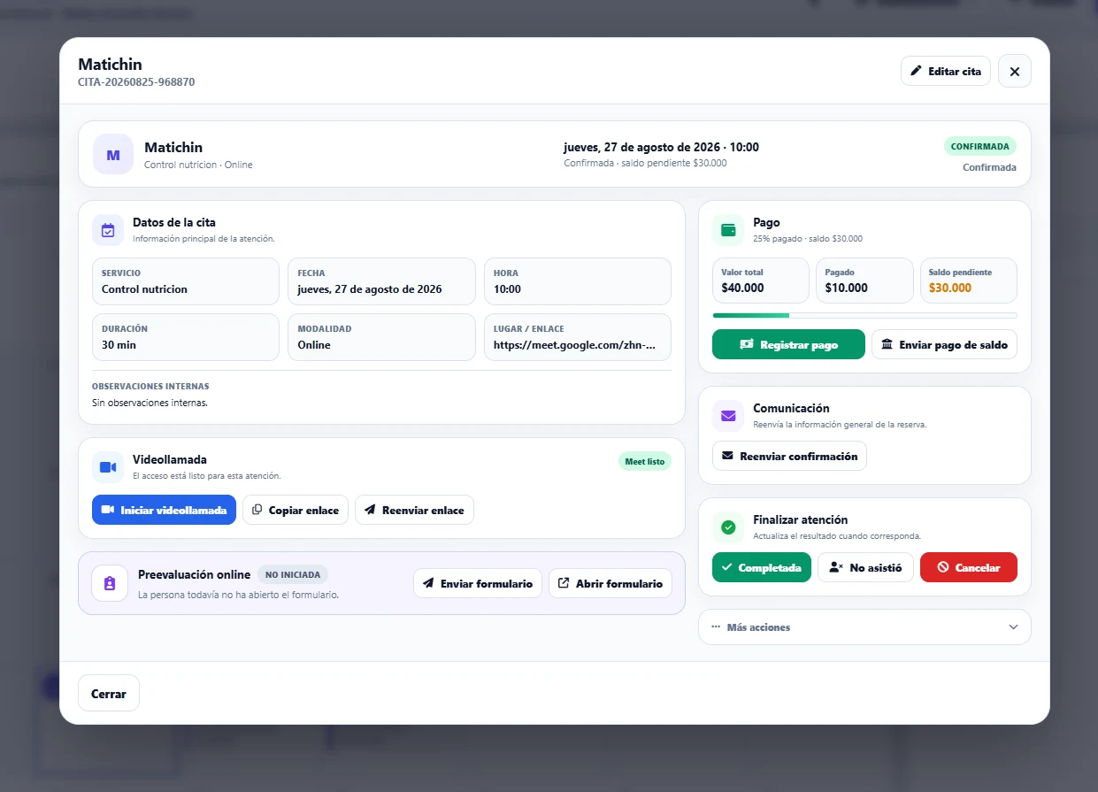 Ficha de cita confirmada con pago, Google Meet y preevaluación
